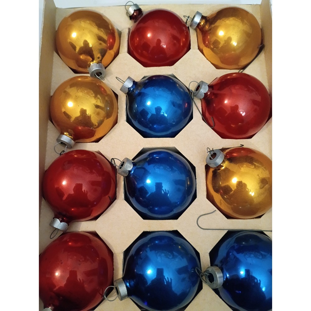 Vintage Noelle Glass Christmas Ornaments Set of 12 Red Blue Gold 2.25 Inch #214